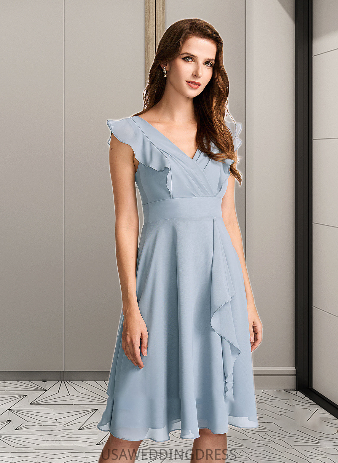 Mara A-Line V-neck Knee-Length Bridesmaid Dress With Ruffle DSP0012812