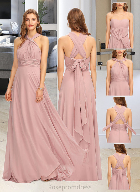 Aspen A-Line One-Shoulder Halter V-neck Floor-Length Chiffon Bridesmaid Dress With Ruffle SRSP0012813