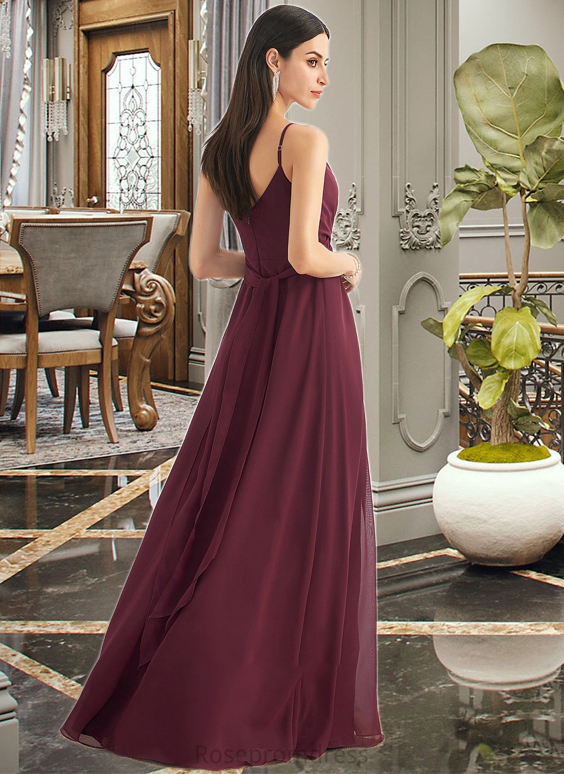 Xiomara A-Line V-neck Floor-Length Bridesmaid Dress With Ruffle Split Front SRSP0012815