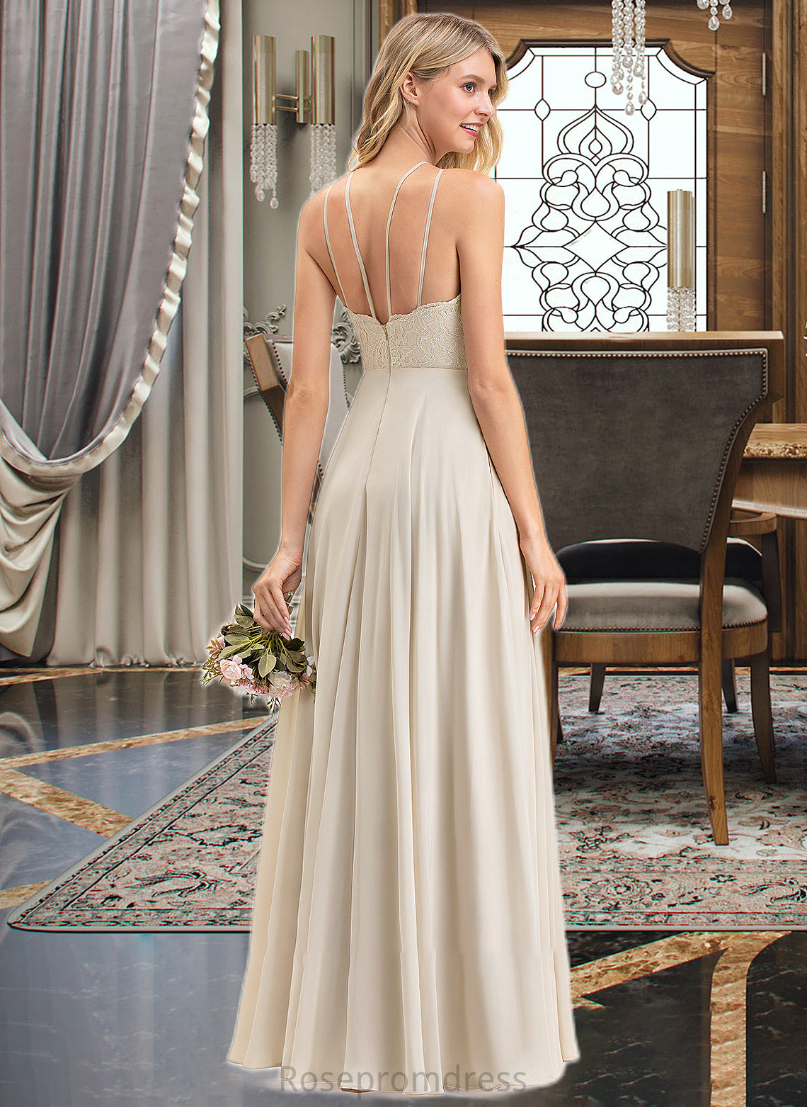 Giuliana A-Line Scoop Neck Floor-Length Chiffon Lace Bridesmaid Dress With Pockets SRSP0012817