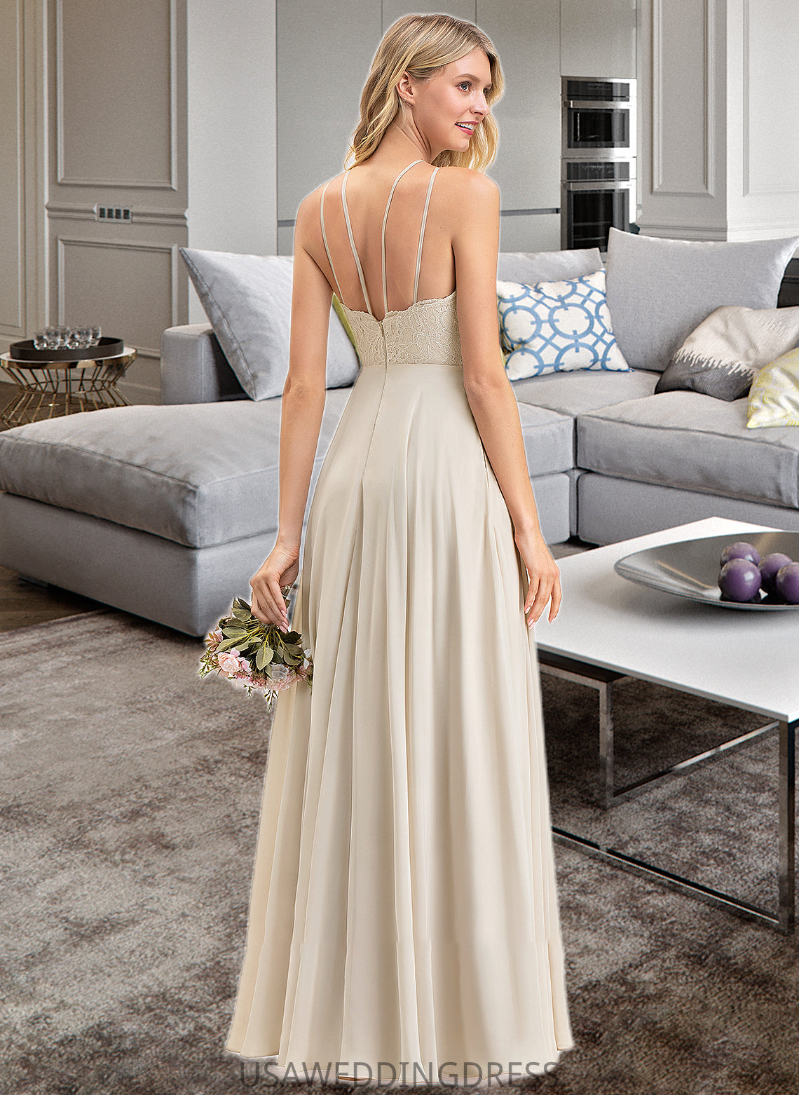 Fernanda A-Line Scoop Neck Floor-Length Chiffon Lace Bridesmaid Dress With Pockets DSP0012817