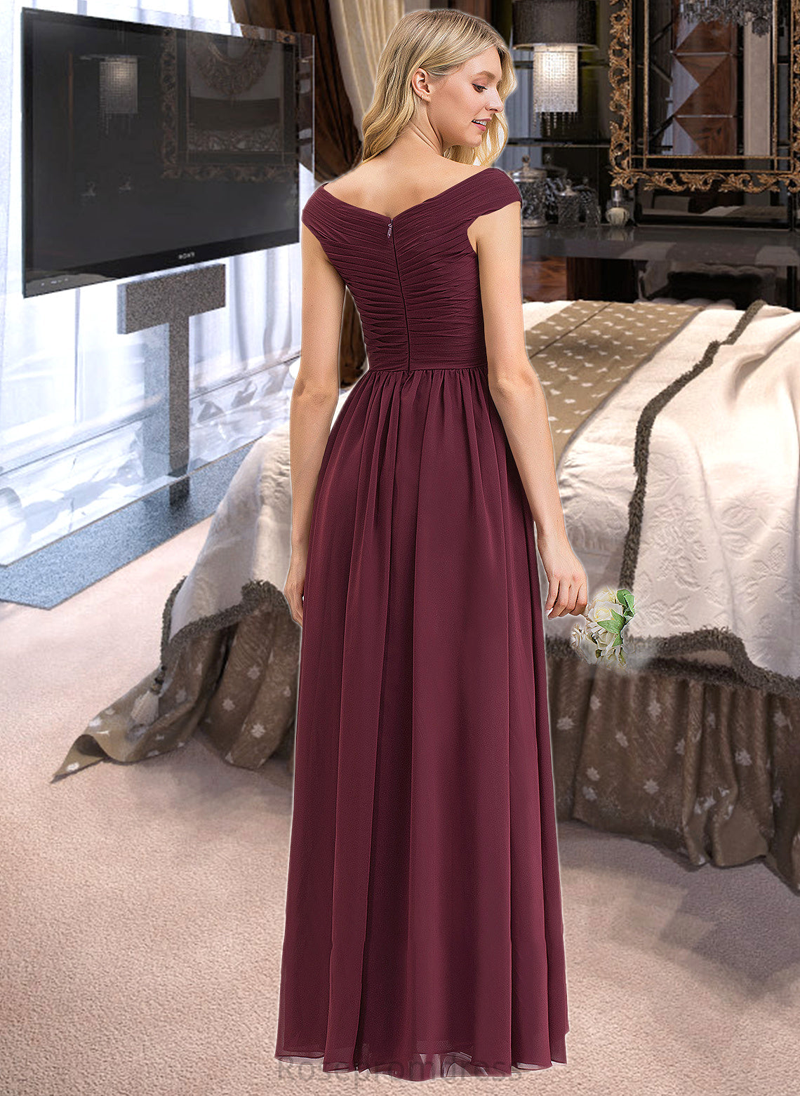 Christina A-Line Off-the-Shoulder Floor-Length Chiffon Bridesmaid Dress With Ruffle Split Front Pockets SRSP0012819
