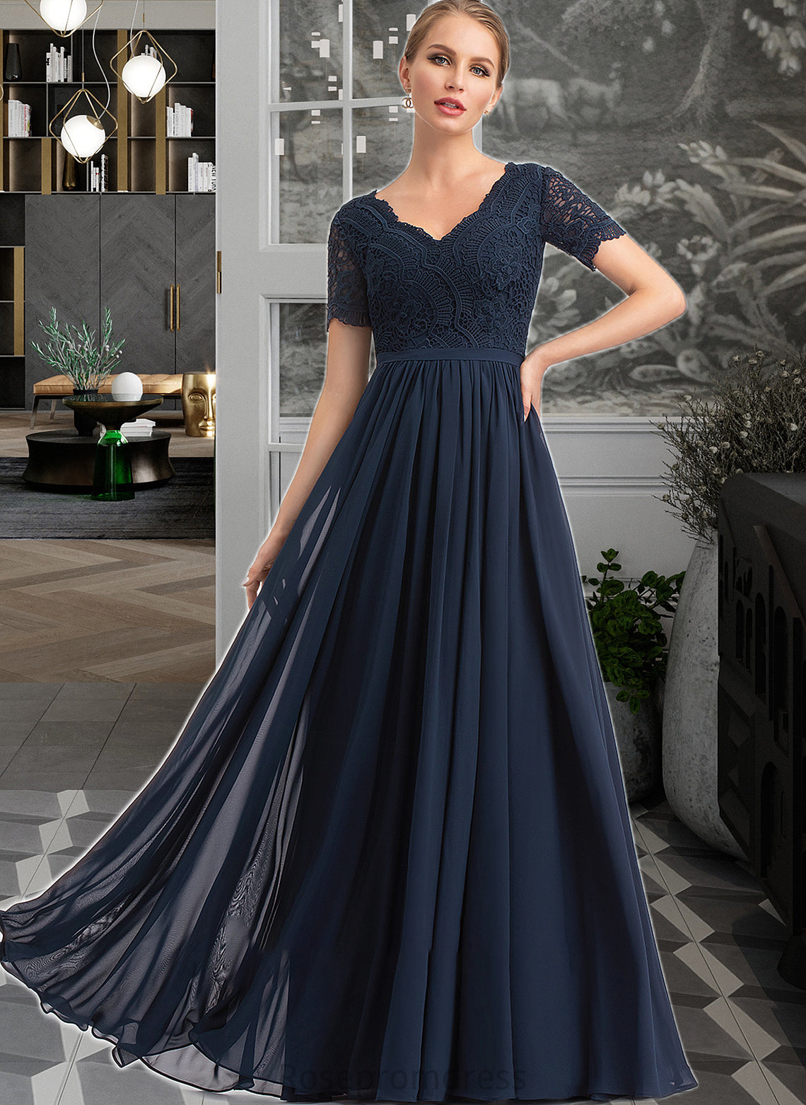 Nicola A-Line V-neck Floor-Length Chiffon Bridesmaid Dress SRSP0012821