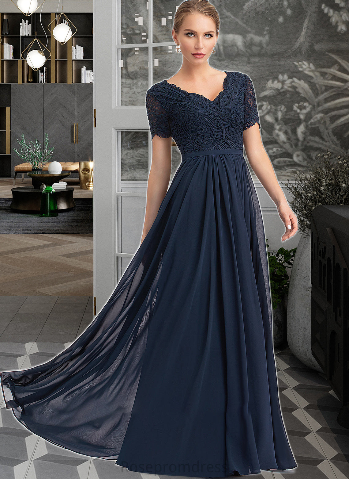 Nicola A-Line V-neck Floor-Length Chiffon Bridesmaid Dress SRSP0012821