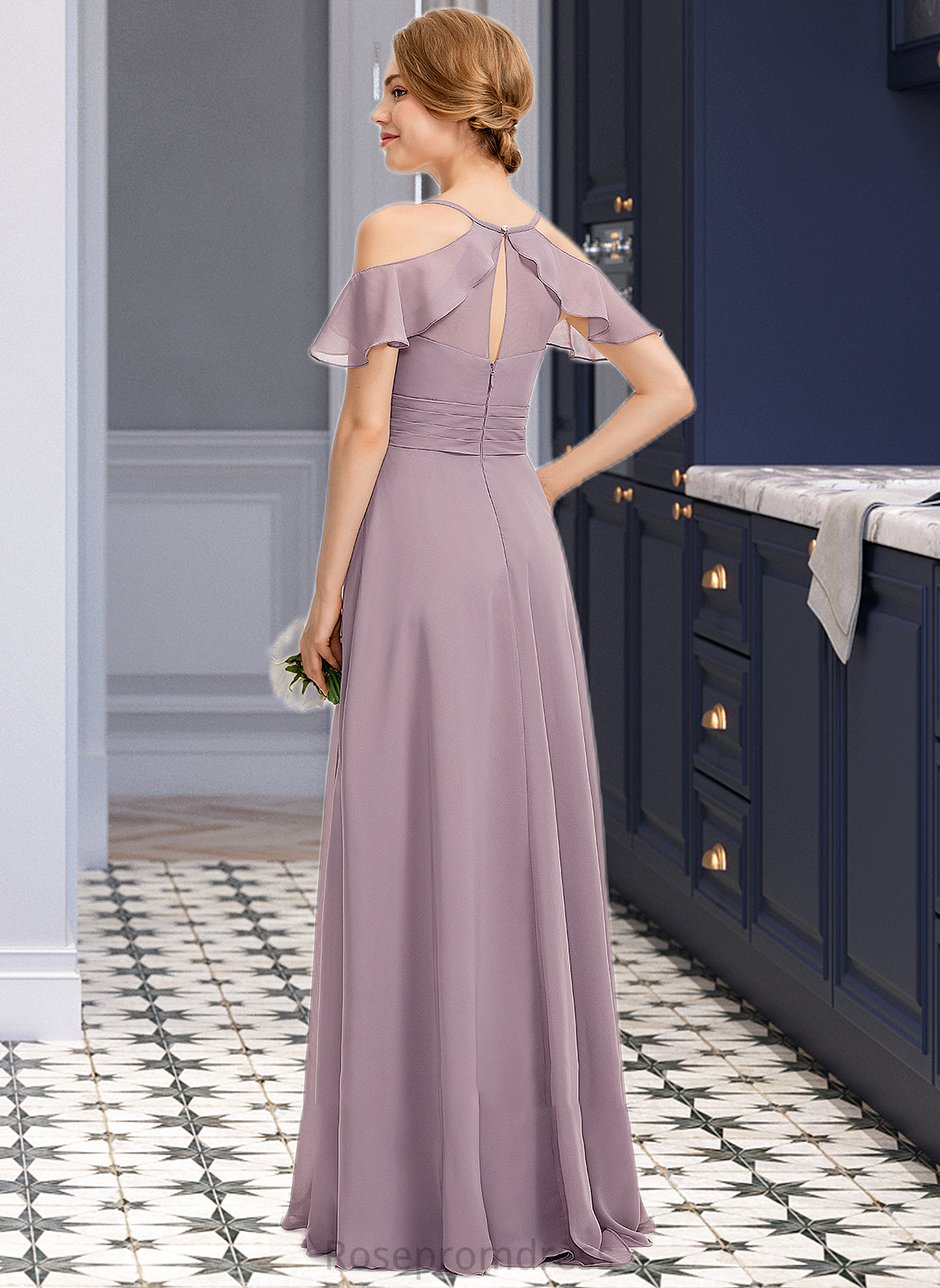 Hope A-Line V-neck Floor-Length Chiffon Bridesmaid Dress With Ruffle Split Front Cascading Ruffles SRSP0012822