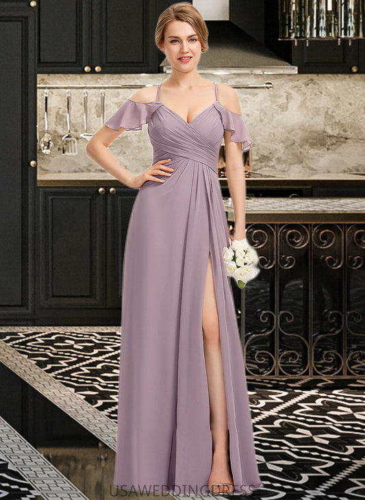Reagan A-Line V-neck Floor-Length Chiffon Bridesmaid Dress With Ruffle Split Front Cascading Ruffles DSP0012822