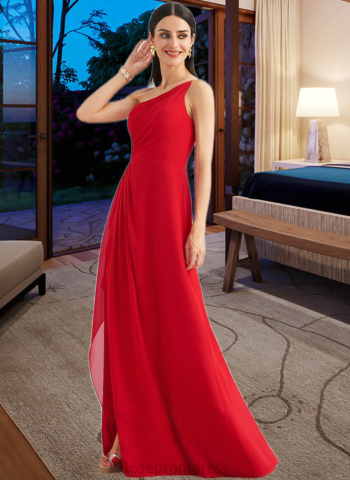Sarai A-Line One-Shoulder Floor-Length Bridesmaid Dress With Ruffle Split Front SRSP0012827