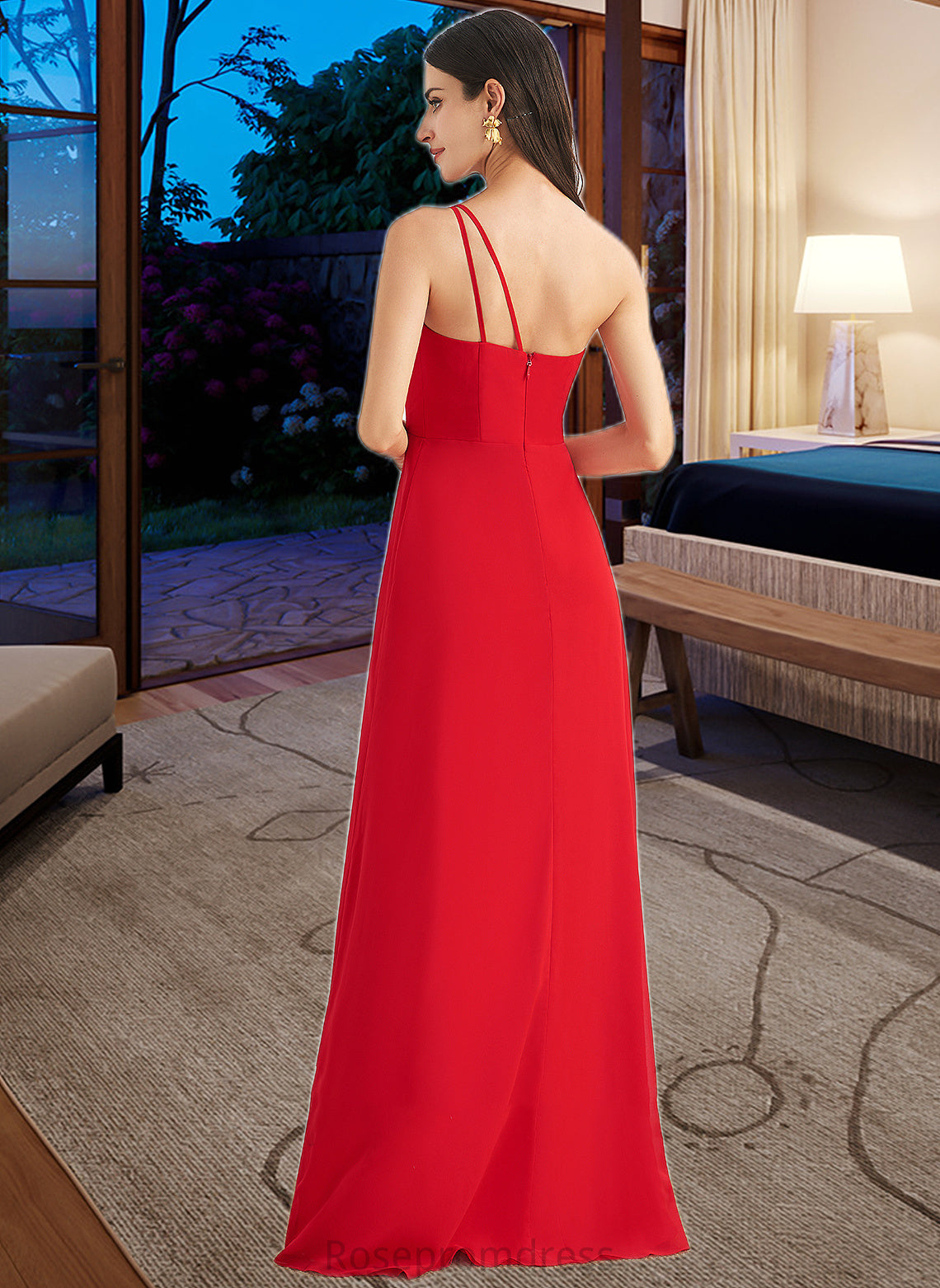 Sarai A-Line One-Shoulder Floor-Length Bridesmaid Dress With Ruffle Split Front SRSP0012827