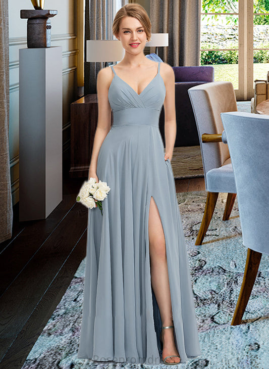 Jaelynn A-Line V-neck Floor-Length Chiffon Bridesmaid Dress With Ruffle Pockets SRSP0012834