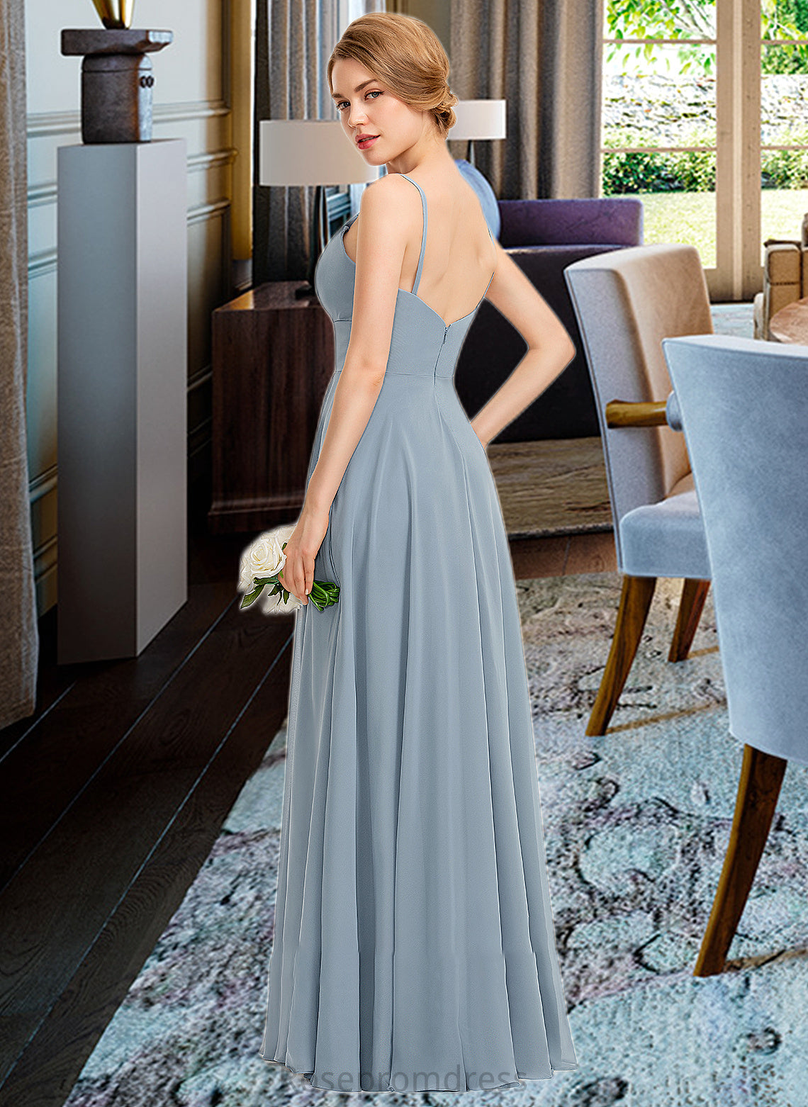 Jaelynn A-Line V-neck Floor-Length Chiffon Bridesmaid Dress With Ruffle Pockets SRSP0012834