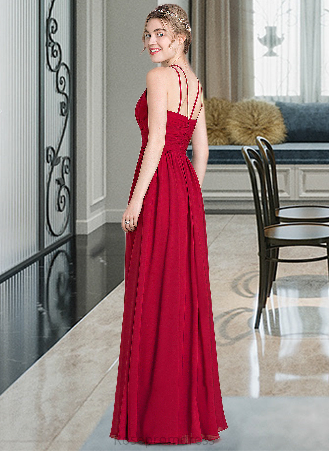 Madge A-Line Scoop Neck Floor-Length Chiffon Bridesmaid Dress With Ruffle SRSP0012835