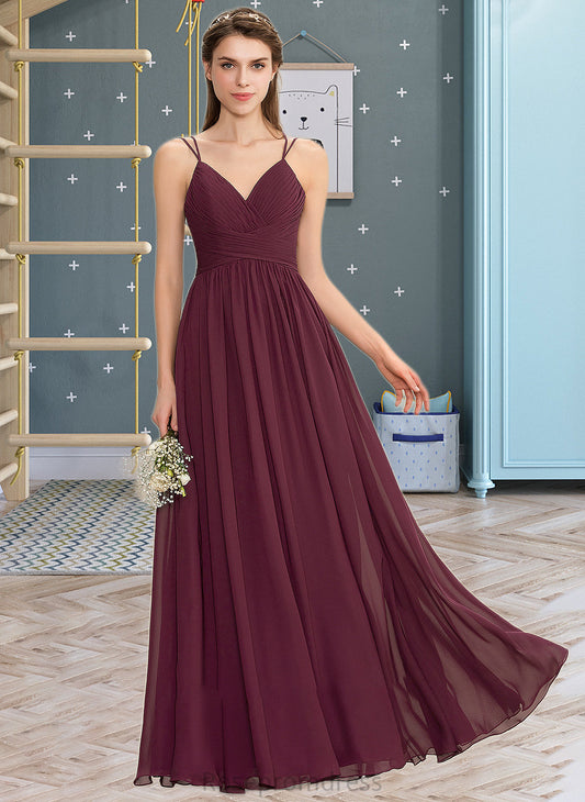 Brielle A-line V-Neck Floor-Length Chiffon Lace Bridesmaid Dress With Ruffle SRSP0012839