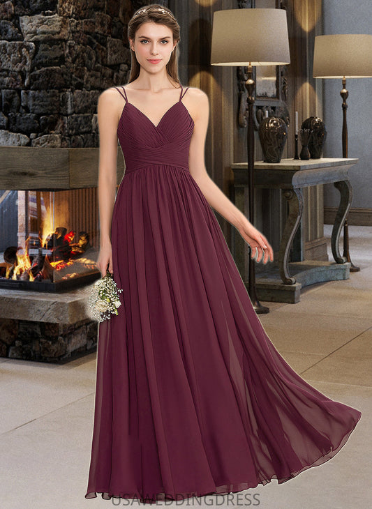 Aubree A-line V-Neck Floor-Length Chiffon Lace Bridesmaid Dress With Ruffle DSP0012839