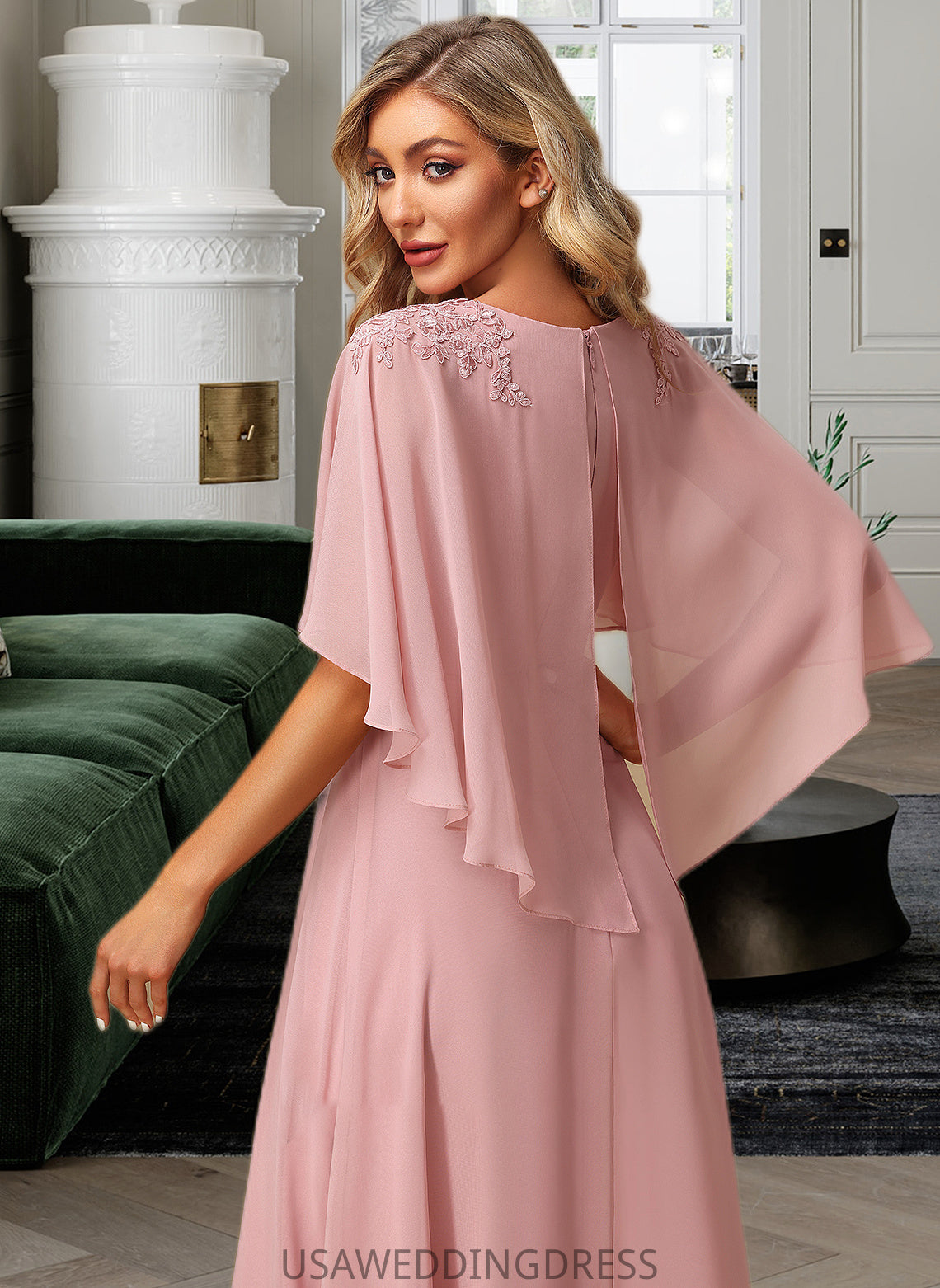 Moriah A-Line V-neck Floor-Length Bridesmaid Dress With Lace DSP0012842