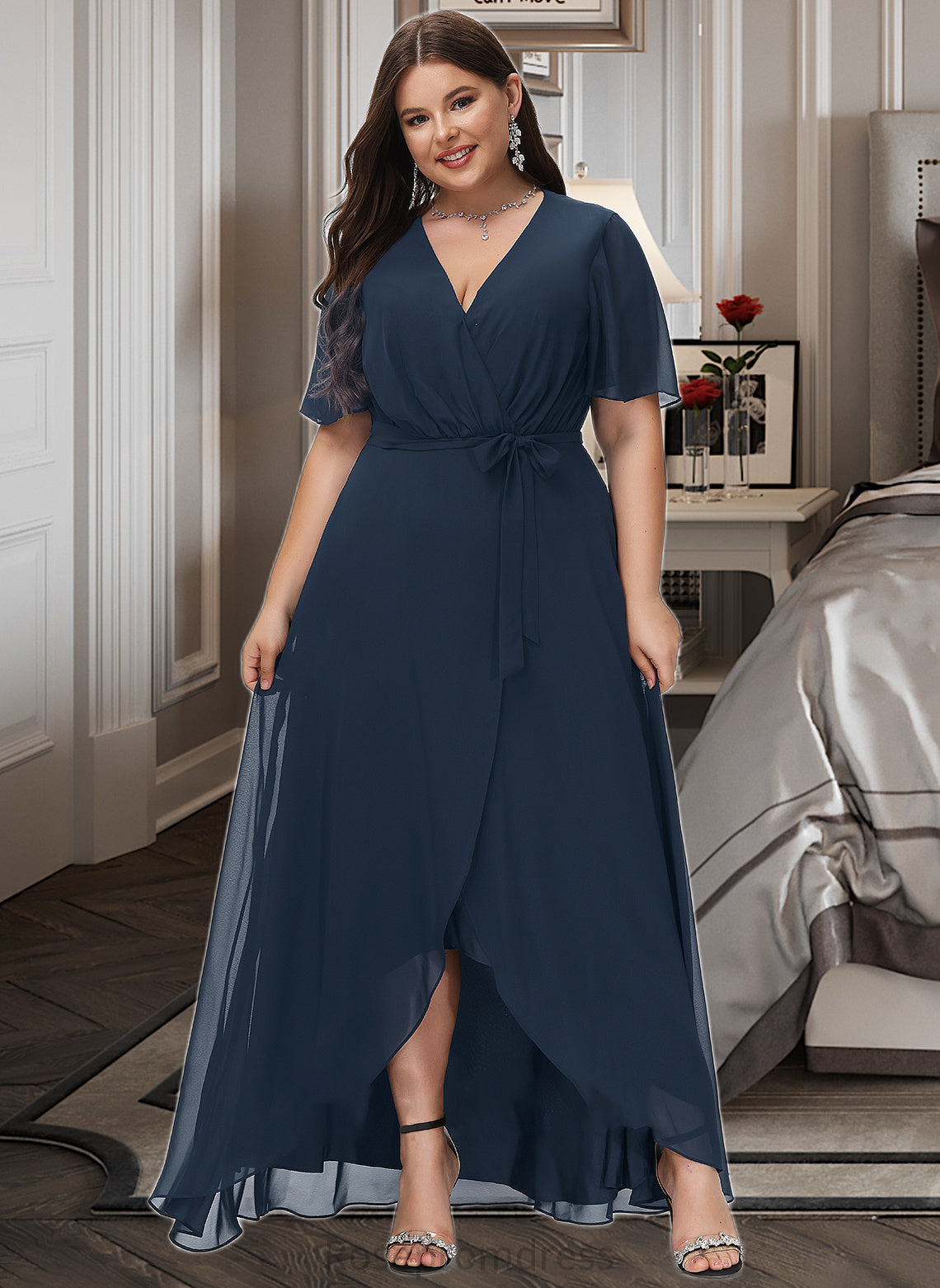 Giselle A-LineV-neckAsymmetricalChiffonBridesmaidDressWithBow(s)#251390 SRSP0012846