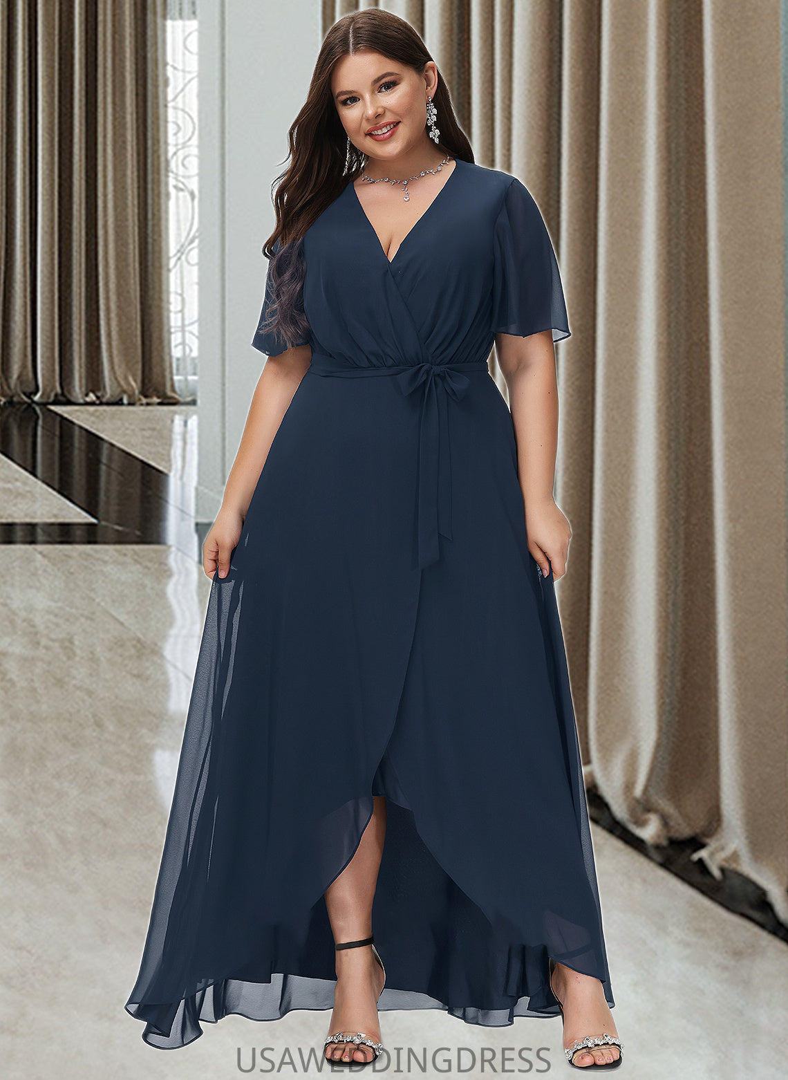 Silvia A-LineV-neckAsymmetricalChiffonBridesmaidDressWithBow(s)#251390 DSP0012846