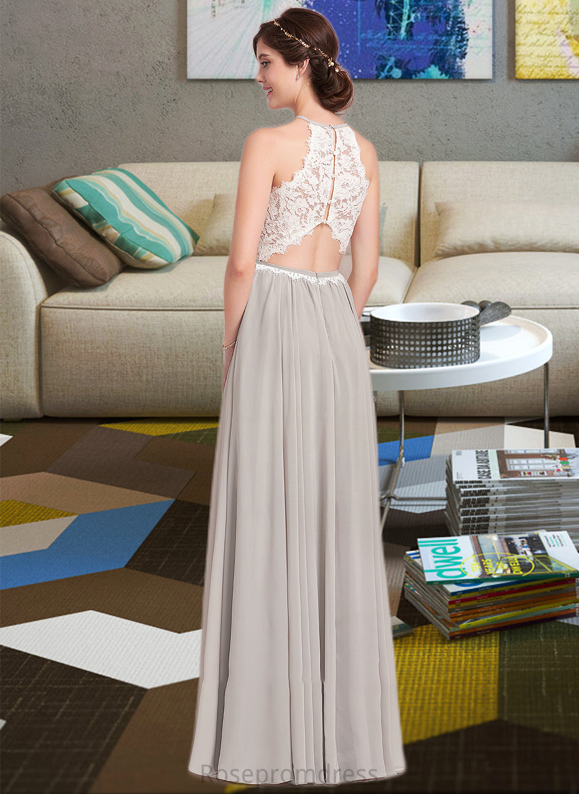 Kendal A-Line Scoop Neck Floor-Length Chiffon Lace Bridesmaid Dress SRSP0012848