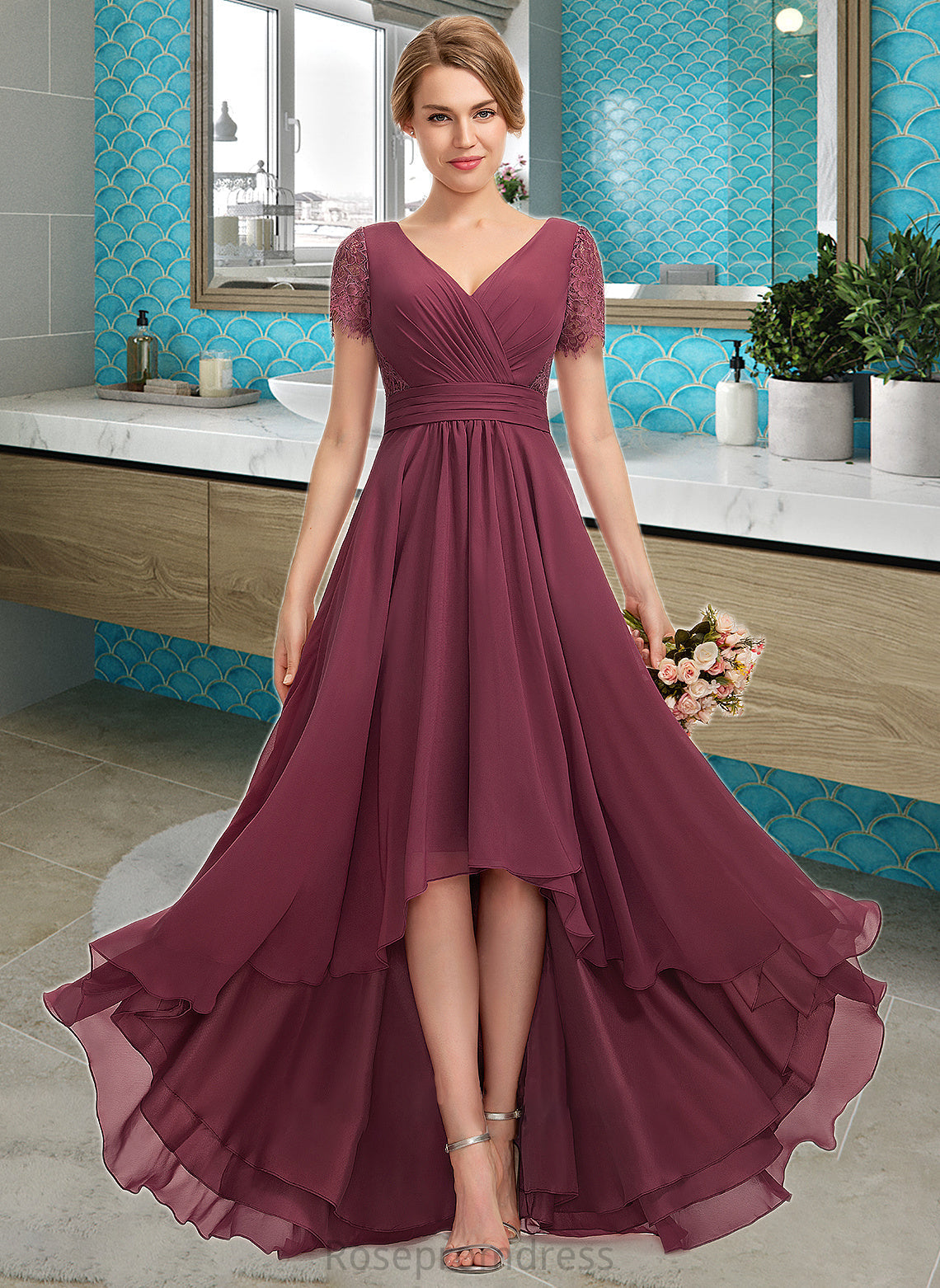 Scarlet A-Line V-neck Asymmetrical Chiffon Lace Bridesmaid Dress With Ruffle SRSP0012850