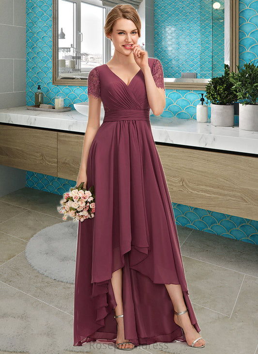 Scarlet A-Line V-neck Asymmetrical Chiffon Lace Bridesmaid Dress With Ruffle SRSP0012850