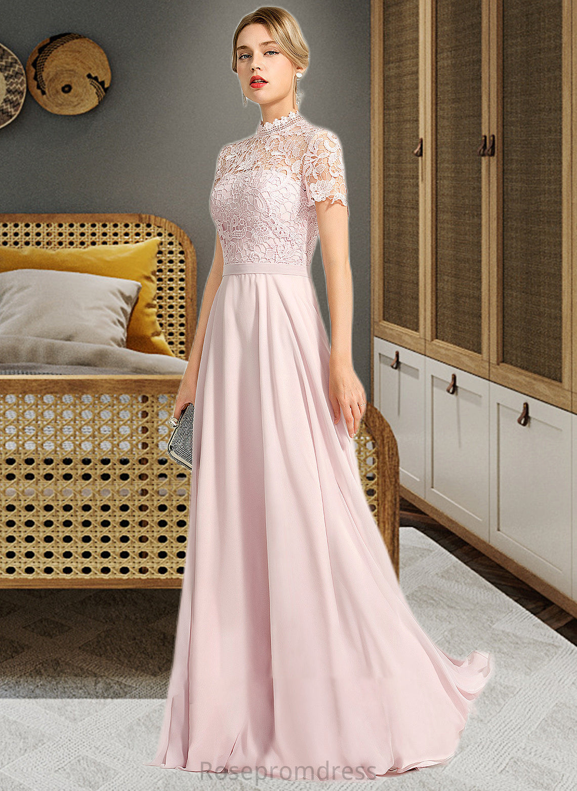 Madyson A-Line High Neck Floor-Length Chiffon Bridesmaid Dress With Sequins SRSP0012852