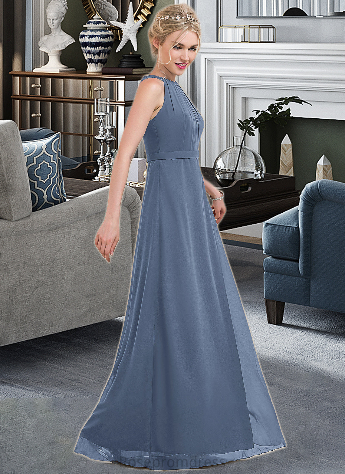 Scarlett A-Line Scoop Neck Floor-Length Chiffon Bridesmaid Dress With Ruffle SRSP0012861