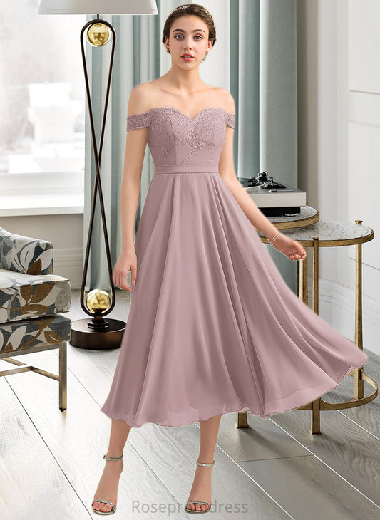 Bianca A-Line Off-the-Shoulder Tea-Length Chiffon Lace Bridesmaid Dress With Beading Sequins SRSP0012867