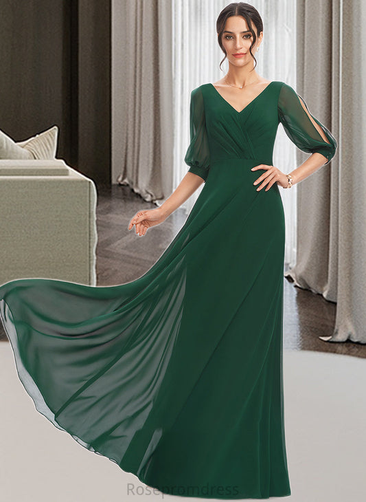 Perla A-Line V-neck Floor-Length Bridesmaid Dress With Ruffle SRSP0012870