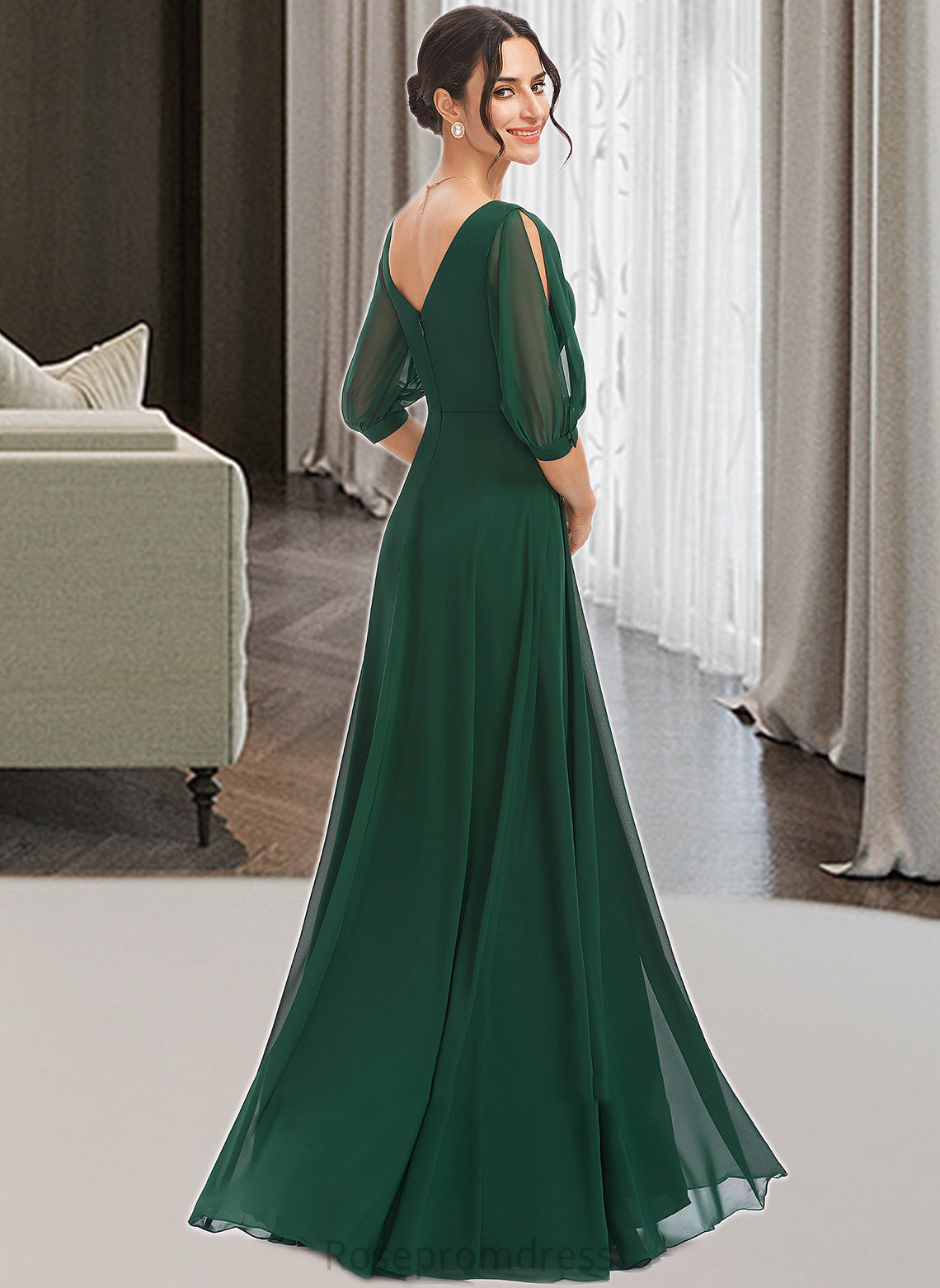 Perla A-Line V-neck Floor-Length Bridesmaid Dress With Ruffle SRSP0012870