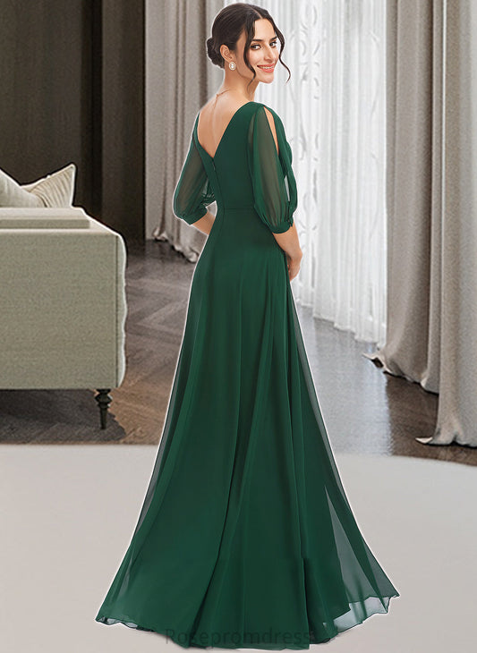 Perla A-Line V-neck Floor-Length Bridesmaid Dress With Ruffle SRSP0012870