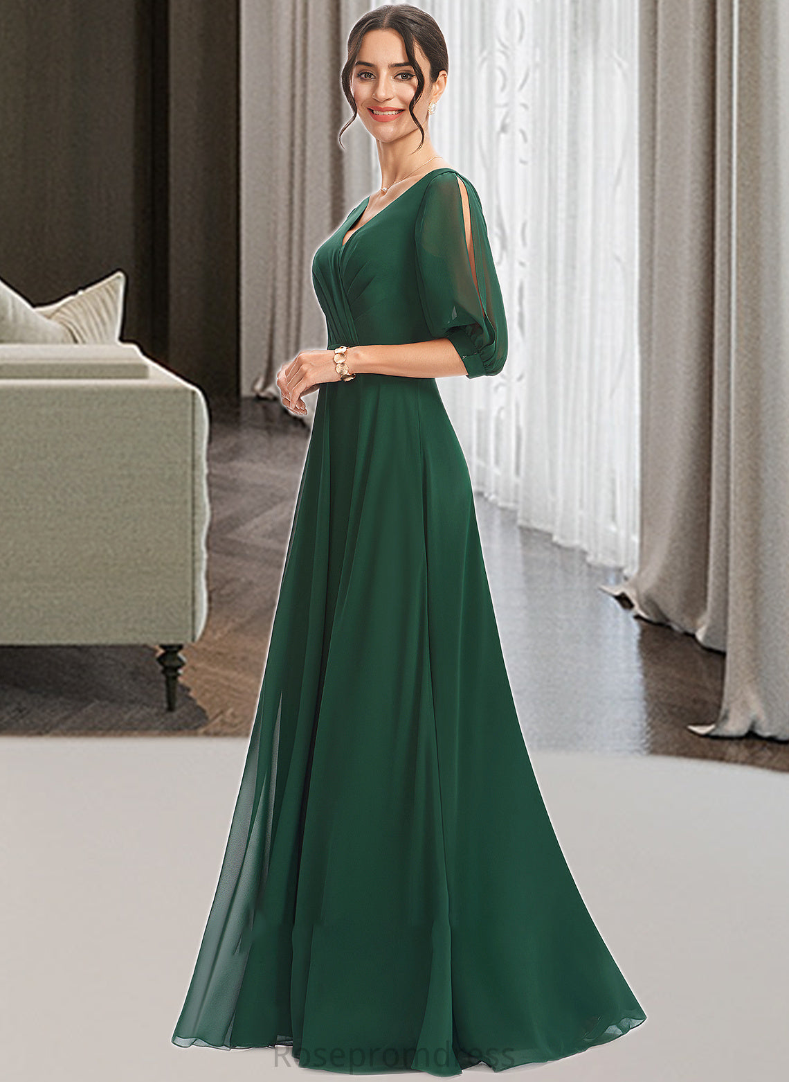 Perla A-Line V-neck Floor-Length Bridesmaid Dress With Ruffle SRSP0012870