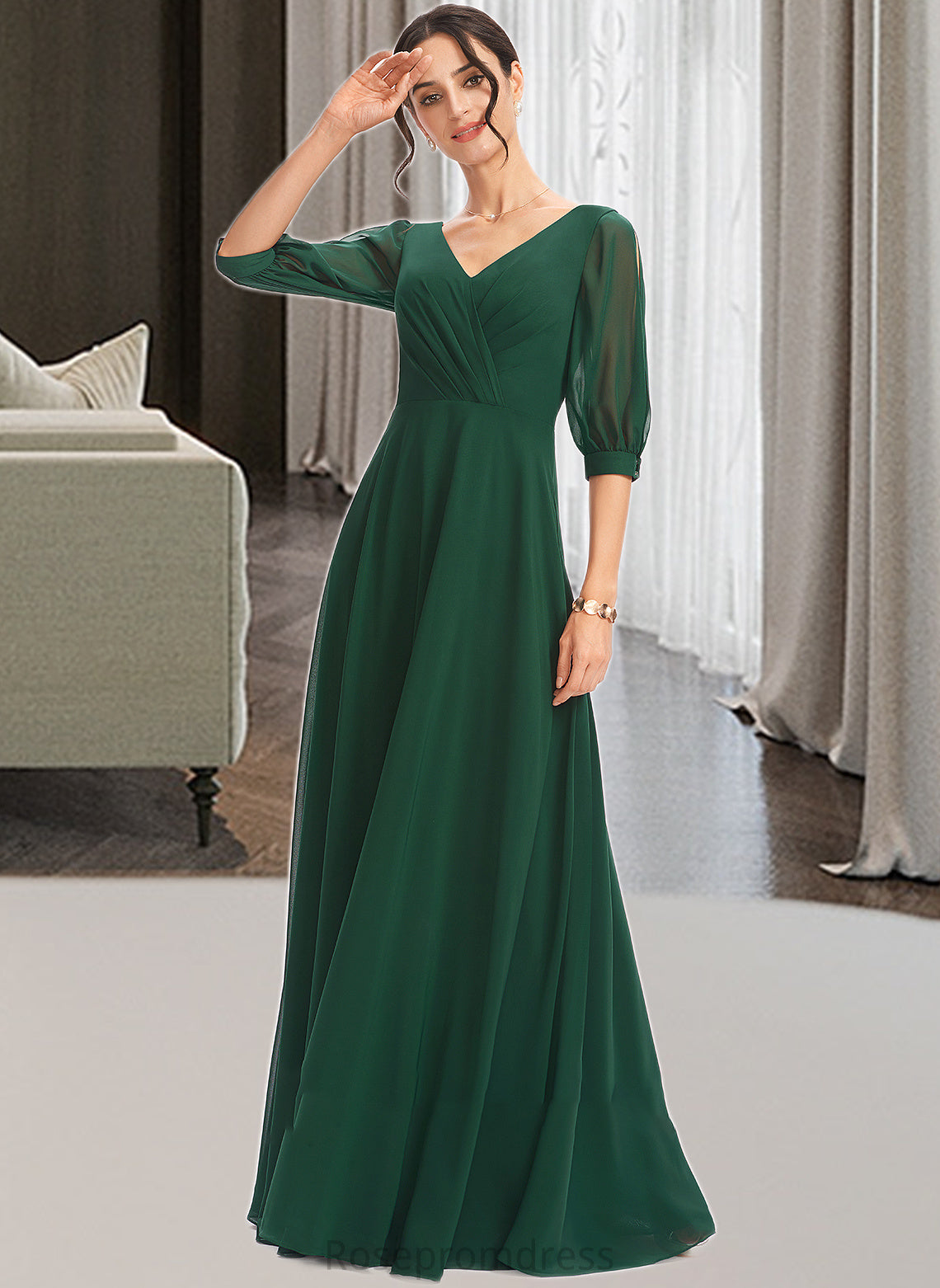 Perla A-Line V-neck Floor-Length Bridesmaid Dress With Ruffle SRSP0012870