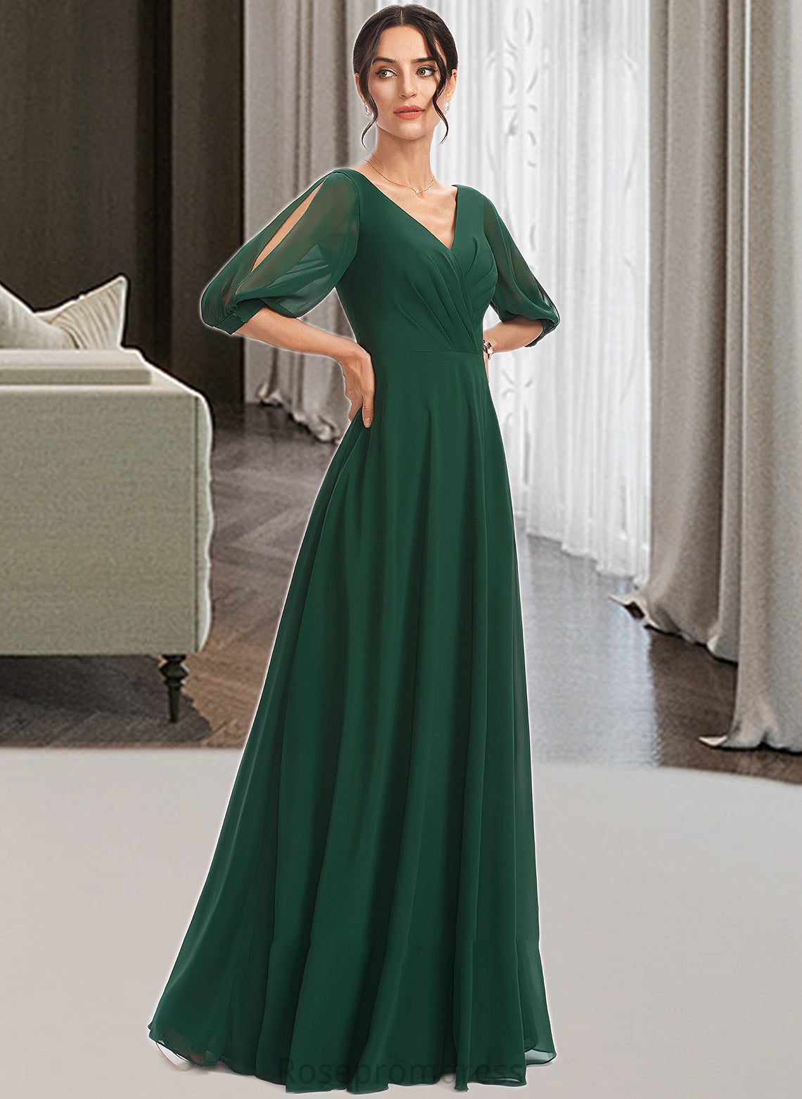 Perla A-Line V-neck Floor-Length Bridesmaid Dress With Ruffle SRSP0012870