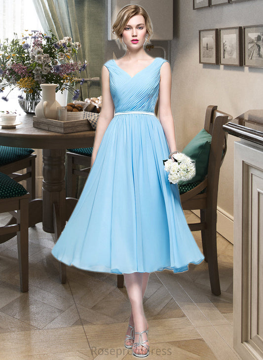 Precious A-Line V-neck Tea-Length Chiffon Bridesmaid Dress With Ruffle SRSP0012871
