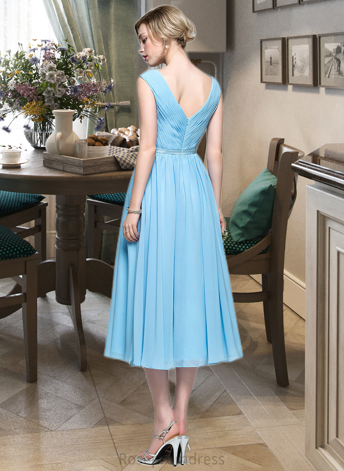 Precious A-Line V-neck Tea-Length Chiffon Bridesmaid Dress With Ruffle SRSP0012871