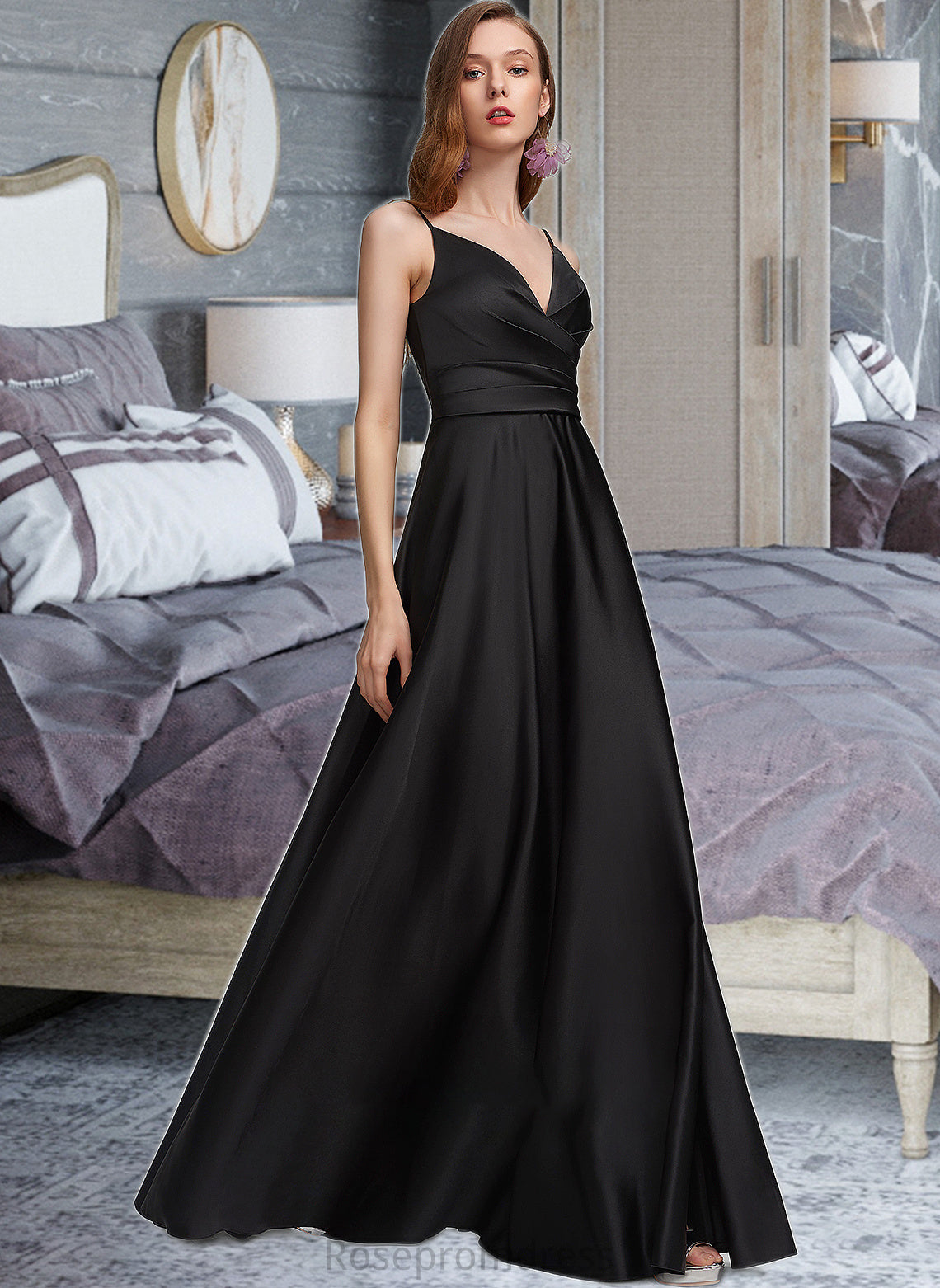 Jaiden A-Line V-neck Floor-Length Satin Bridesmaid Dress With Ruffle Split Front SRSP0012872