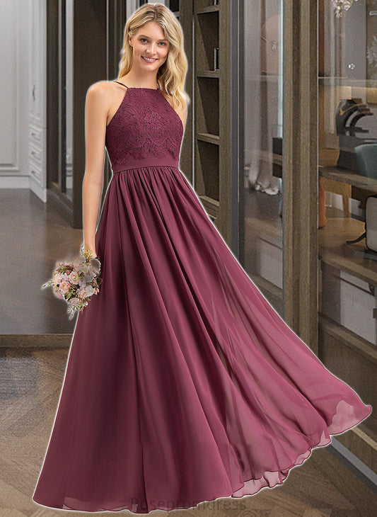 Viola A-Line Square Neckline Floor-Length Chiffon Lace Bridesmaid Dress SRSP0012873