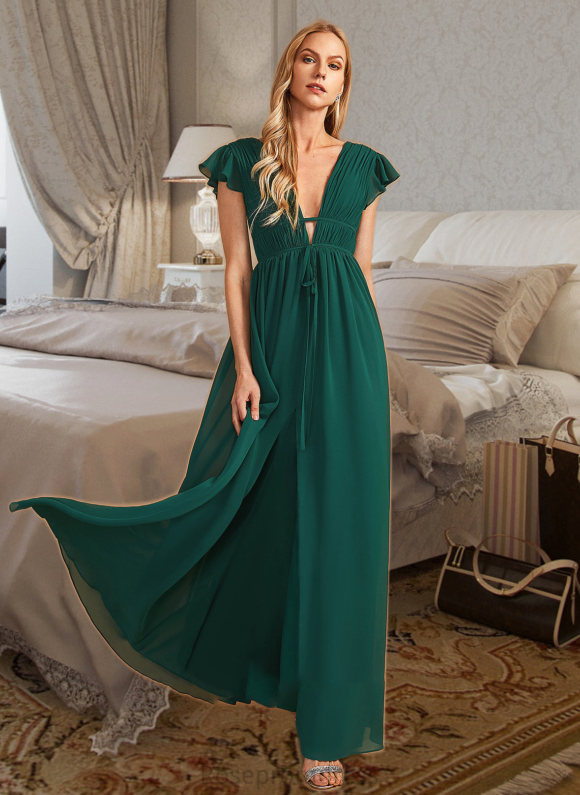 Savanah A-Line V-neck Floor-Length Bridesmaid Dress With Split Front SRSP0012874