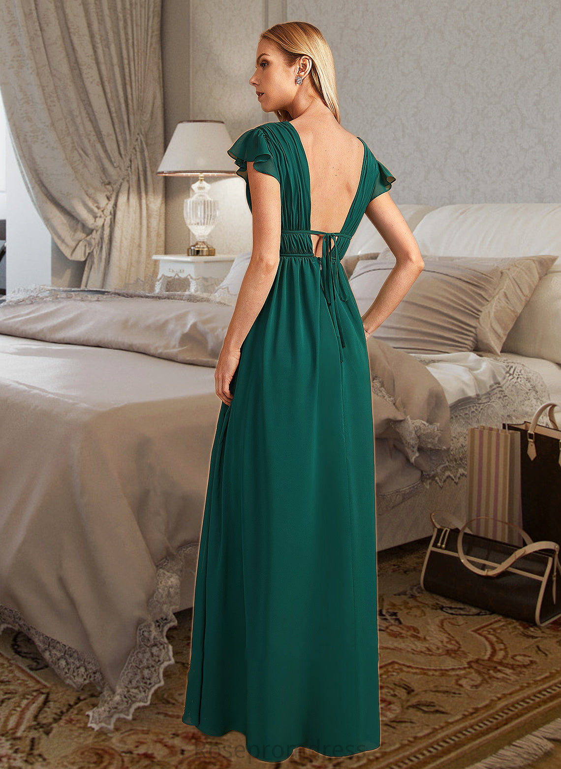 Savanah A-Line V-neck Floor-Length Bridesmaid Dress With Split Front SRSP0012874