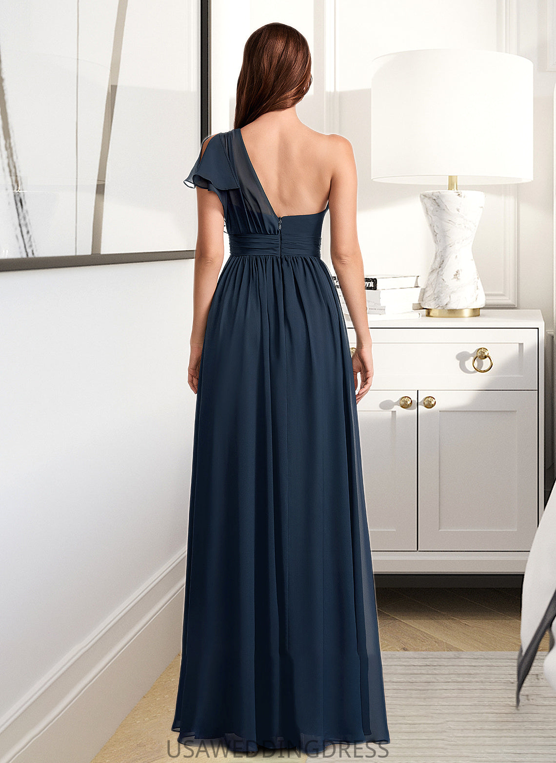 Sariah A-Line One-Shoulder Floor-Length Bridesmaid Dress With Ruffle DSP0012875