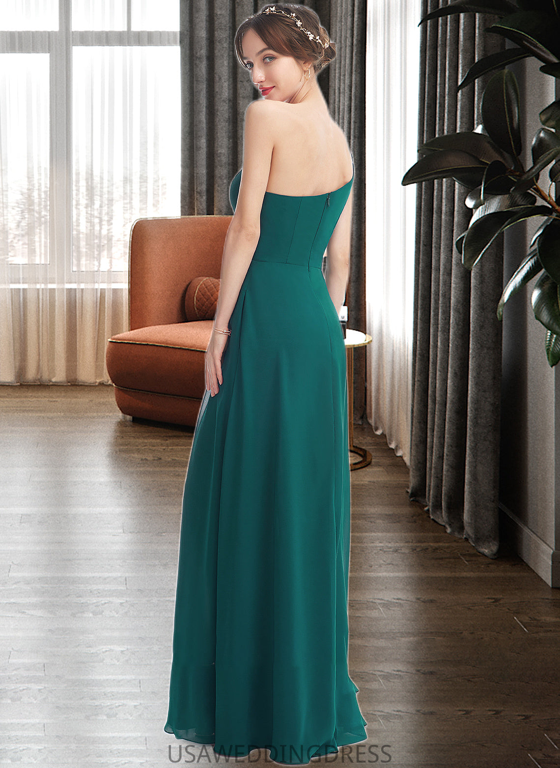 Hanna A-Line One-Shoulder Floor-Length Bridesmaid Dress With Split Front Pockets DSP0012876