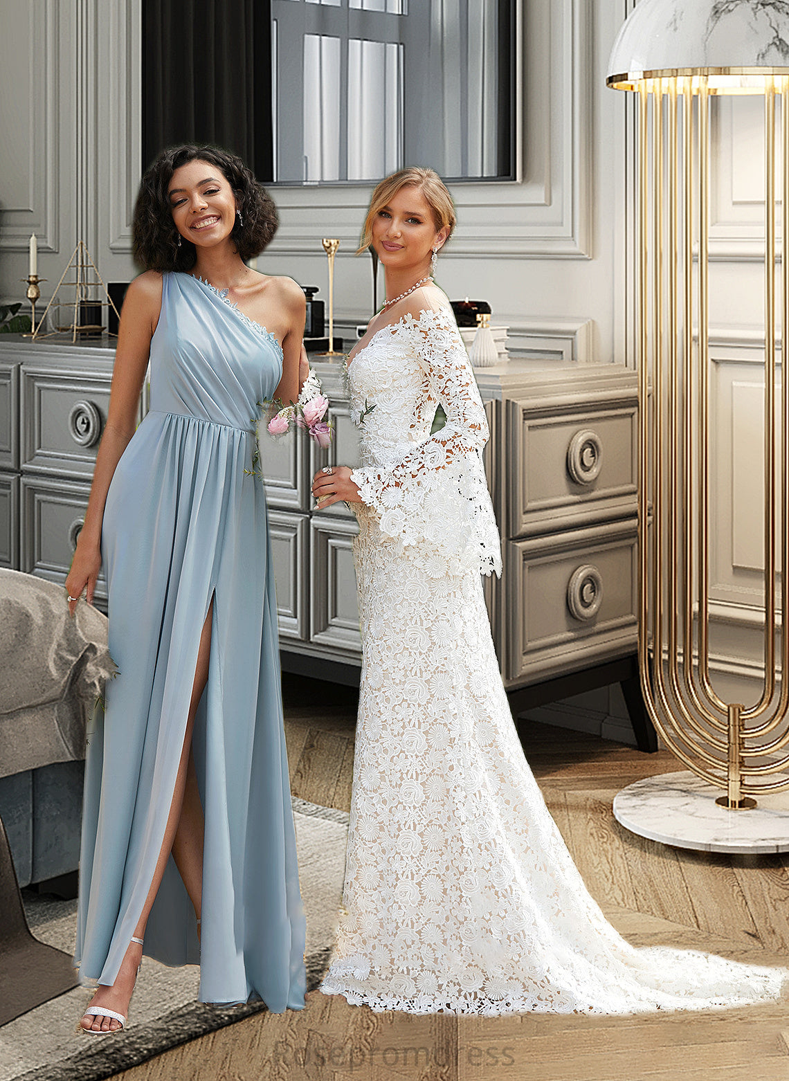 Eden A-Line One-Shoulder Floor-Length Bridesmaid Dress With Lace Sequins SRSP0012878