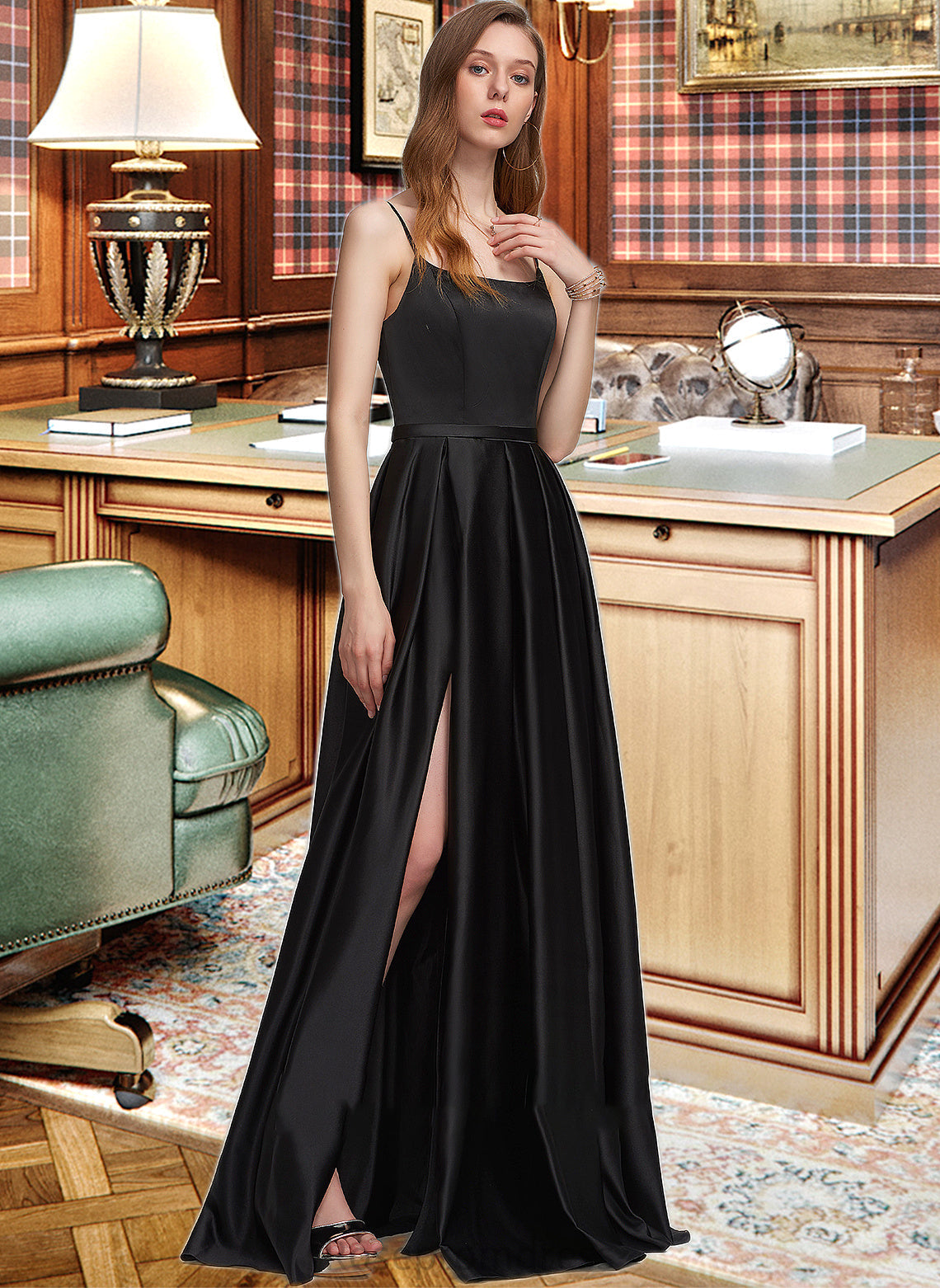 Nataly A-Line Square Neckline Floor-Length Satin Bridesmaid Dress With Split Front Pockets SRSP0012879