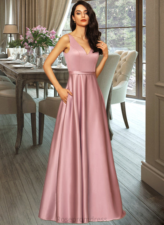 Ruby Ball-Gown/Princess V-neck Floor-Length Satin Bridesmaid Dress With Pockets SRSP0012880