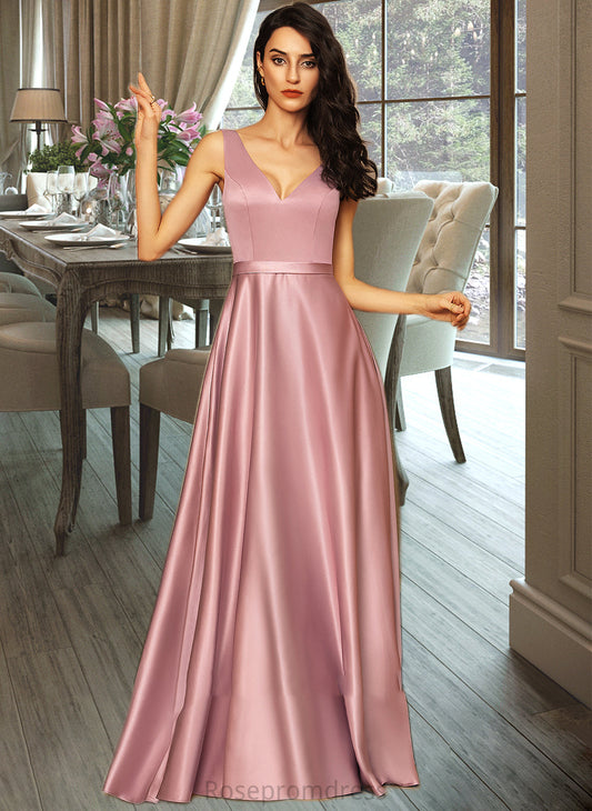 Ruby Ball-Gown/Princess V-neck Floor-Length Satin Bridesmaid Dress With Pockets SRSP0012880