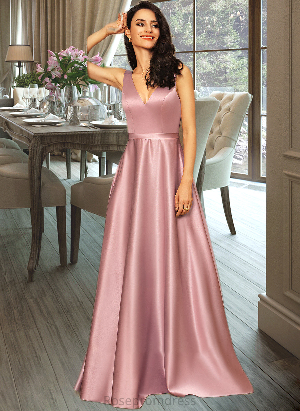 Ruby Ball-Gown/Princess V-neck Floor-Length Satin Bridesmaid Dress With Pockets SRSP0012880