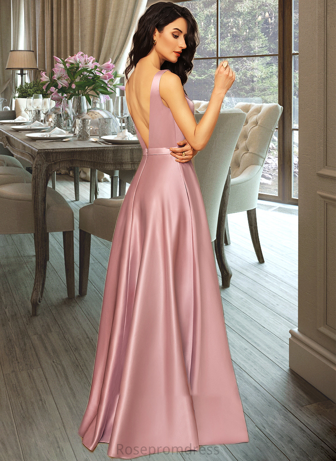 Ruby Ball-Gown/Princess V-neck Floor-Length Satin Bridesmaid Dress With Pockets SRSP0012880