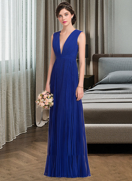 Dulce A-Line V-neck Floor-Length Chiffon Bridesmaid Dress With Bow(s) Pleated SRSP0012882