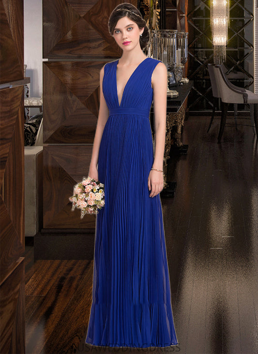 Nicola A-Line V-neck Floor-Length Chiffon Bridesmaid Dress With Bow(s) Pleated DSP0012882