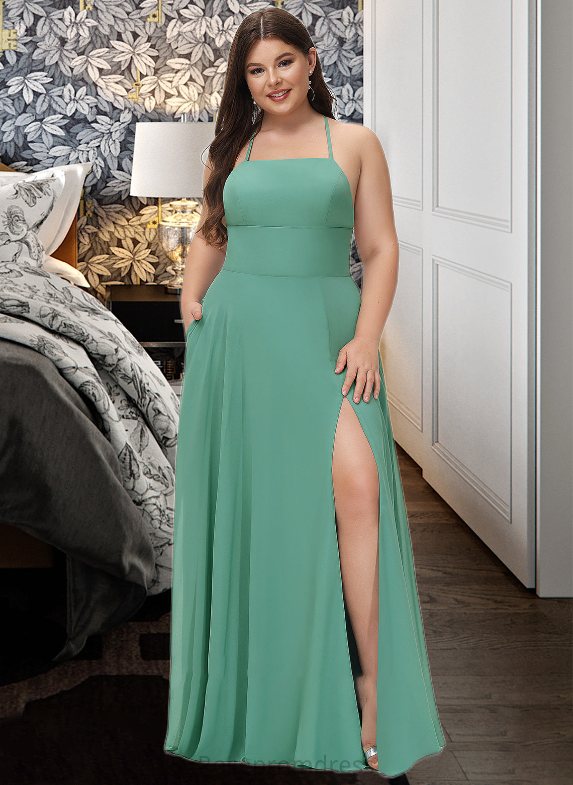 Nina A-LineSquareNecklineFloor-LengthChiffonBridesmaidDressWithSplitFrontPockets#251385 SRSP0012885
