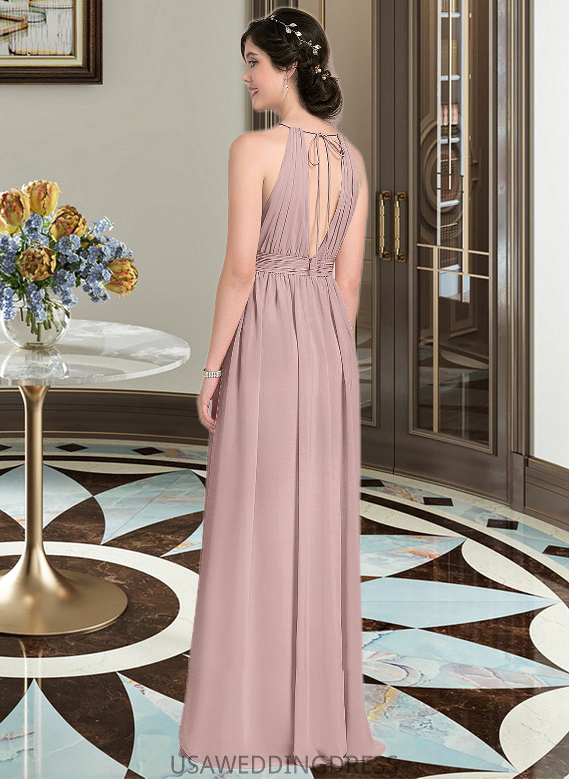 Kailee A-Line Scoop Neck Floor-Length Chiffon Bridesmaid Dress With Ruffle Bow(s) Split Front DSP0012886